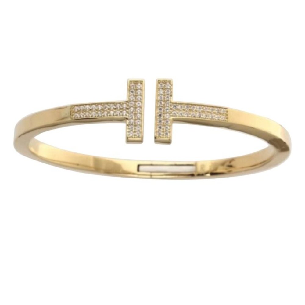 10Kt Yellow T style bangle with cubics